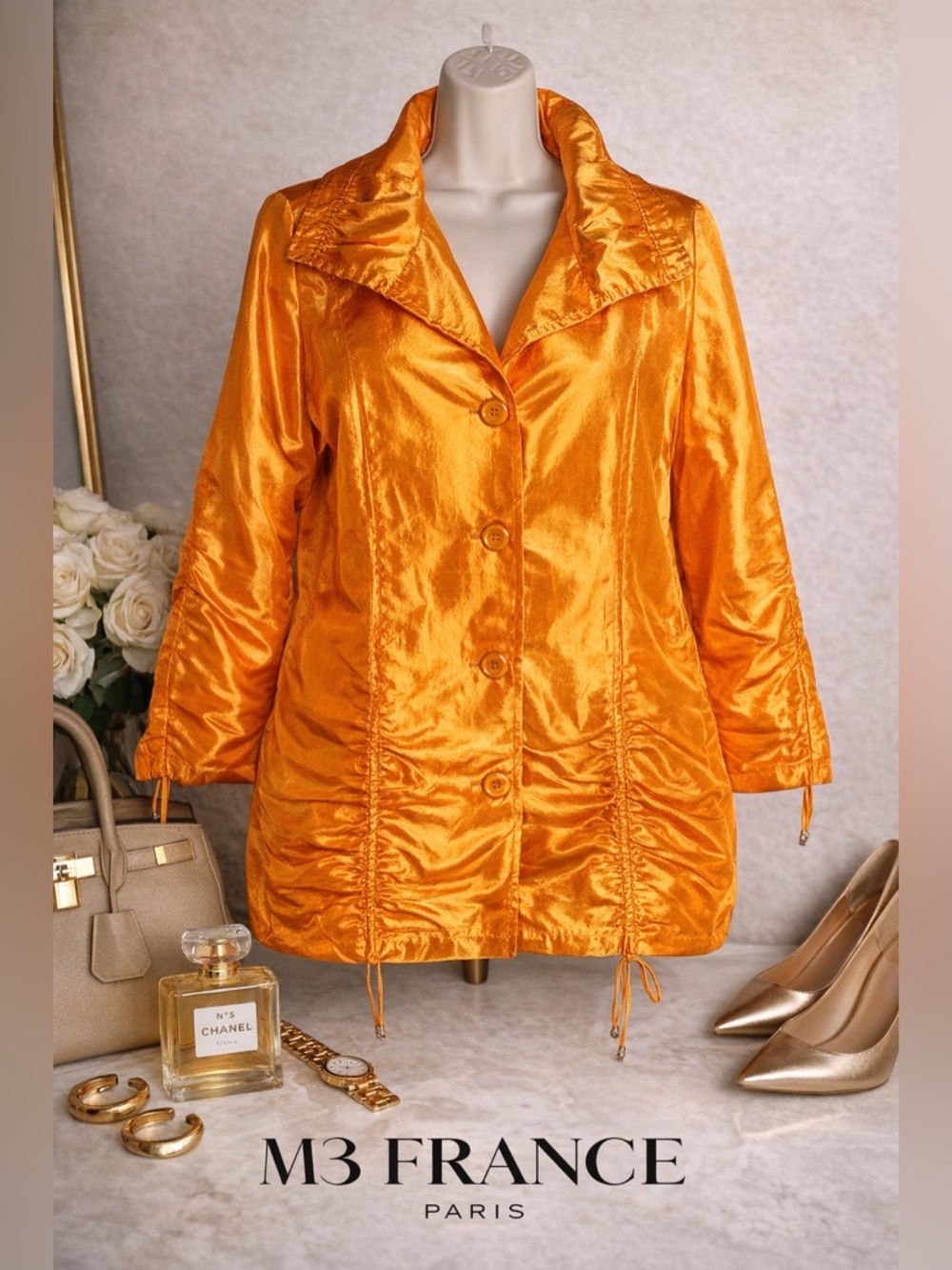 M3 France Metallic Orange Jacket Button Front Statement Piece